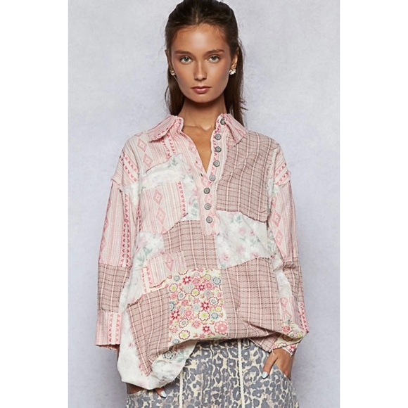 POL Tops - POL Pink Floral Patchwork Boho Shirt | Mixed Fabric Long Sleeve Top
